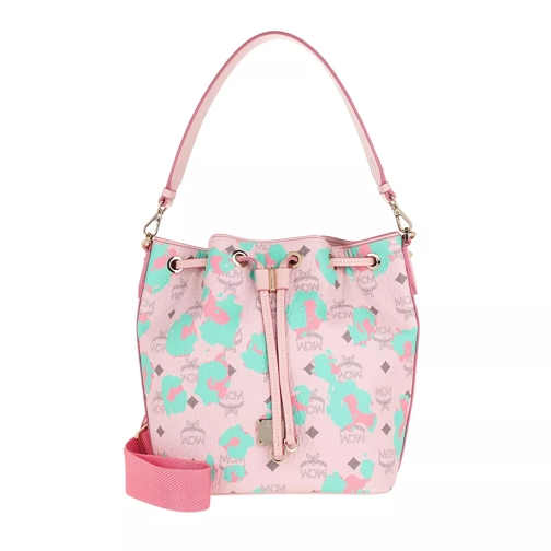 MCM Essential Floral Leopard Drawstring Powder Pink Bucket Bag