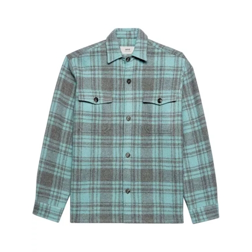 AMI Paris Plaid Wool Mineral Grey Shirt Jacket Blue 