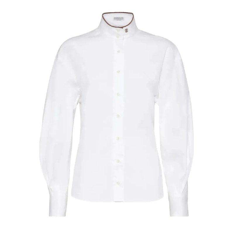 Brunello Cucinelli Hemd High Mandarin Collar Long-Sleeved Blouse With Tail White