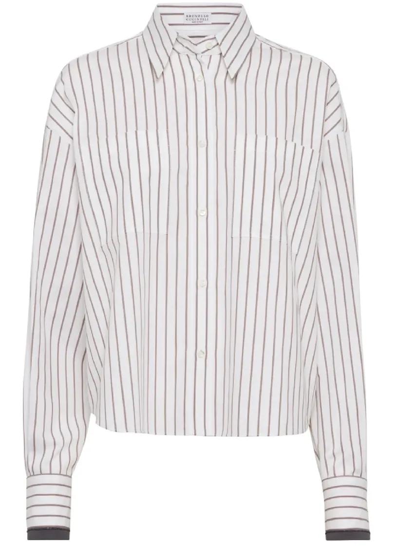 Thumbnail - Brunello Cucinelli - Cropped Long-Sleeve Button-Down Shirt With Striped - Größe M - white
