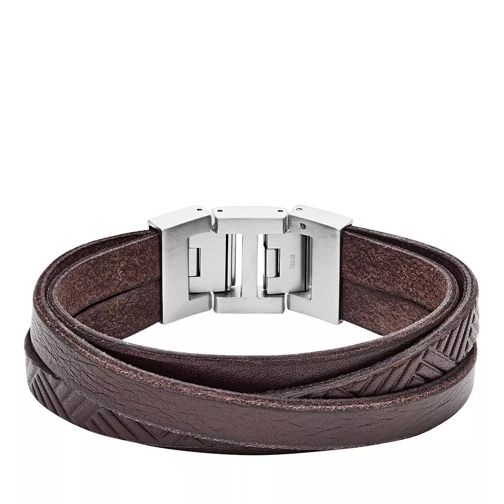 Fossil Textured Brown Leather Wrist Wrap Silver Bracelet