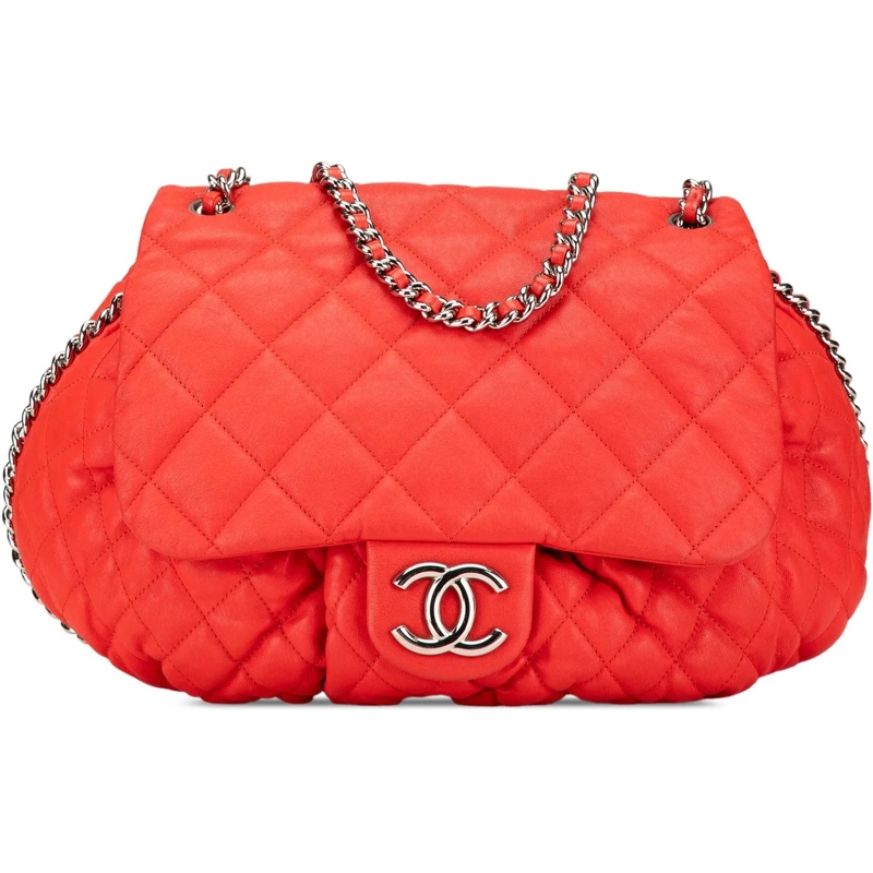 Chanel Schultertasche Large Quilted Lambskin Chain Around Flap rot