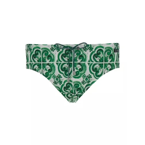 Dolce&Gabbana Green And White Swim Briefs With Majolica Print In Green 