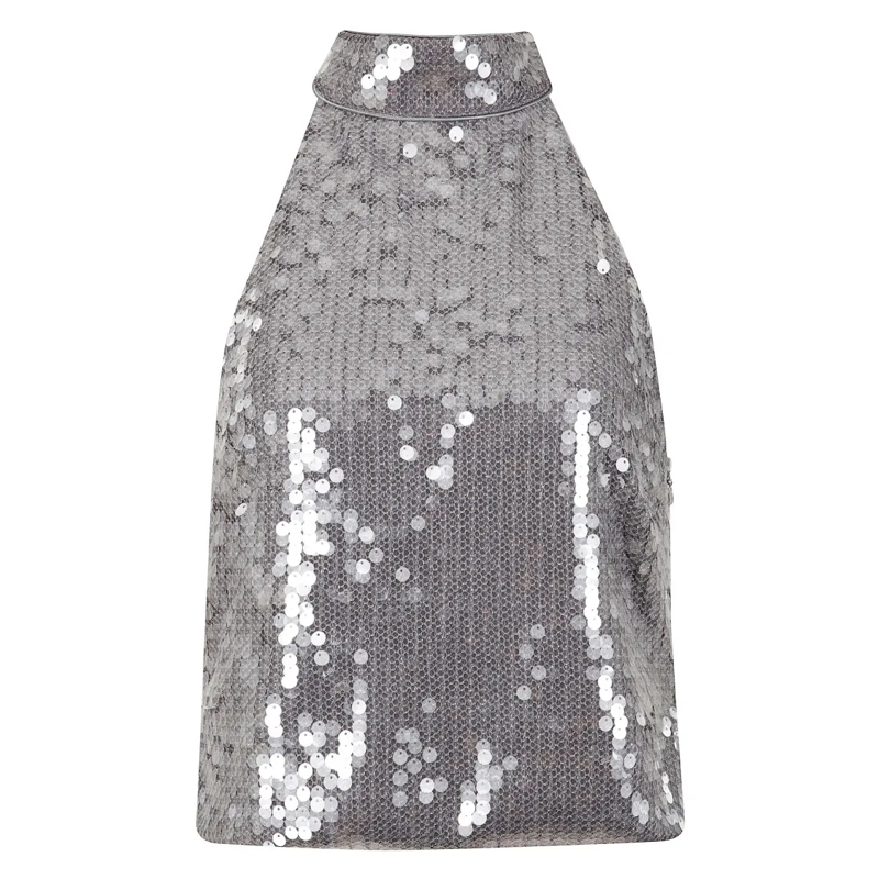 Rotate Elegantes Top Sequined Halterneck Mesh Top Grey