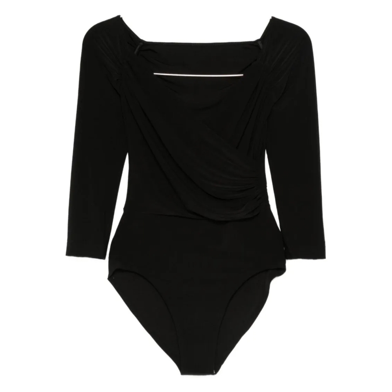 Norma Kamali  Draped Black Bodysuit Top With Deep V-Neckline Black