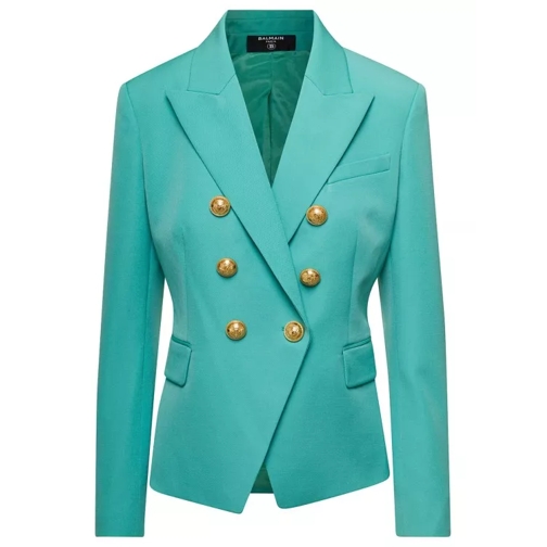 Balmain Turquoise Double Breasted Blazer With Golden Butto Blue Blazer