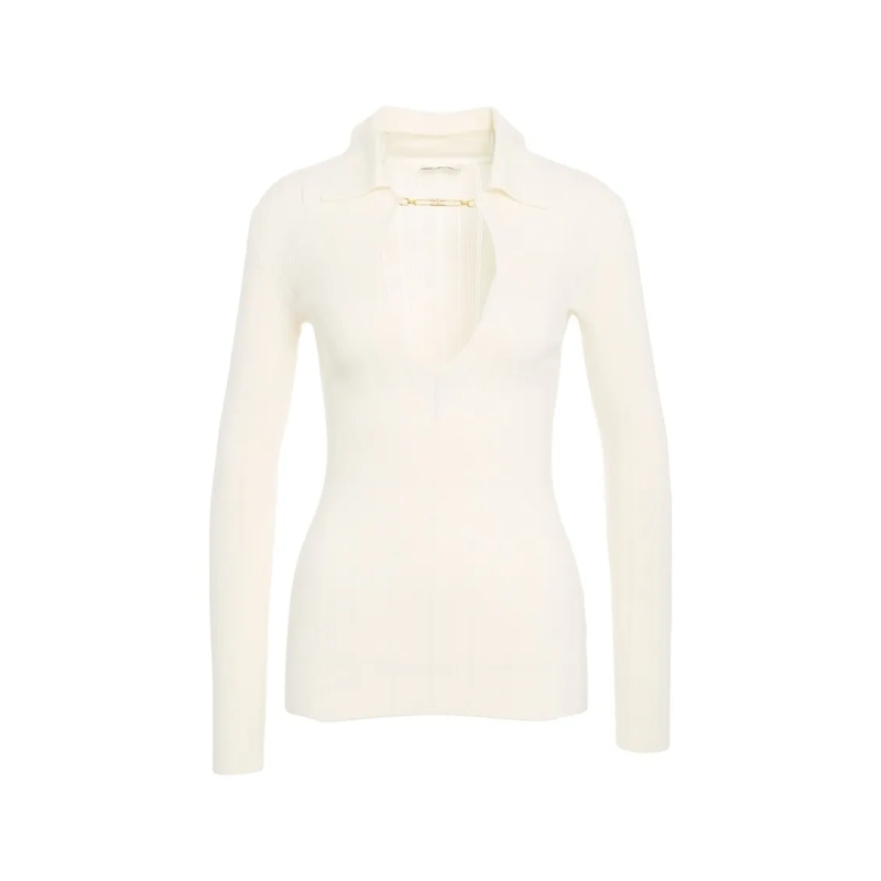 Elisabetta Franchi Trui Ribbed Sweater With Chain Detail Neutrals