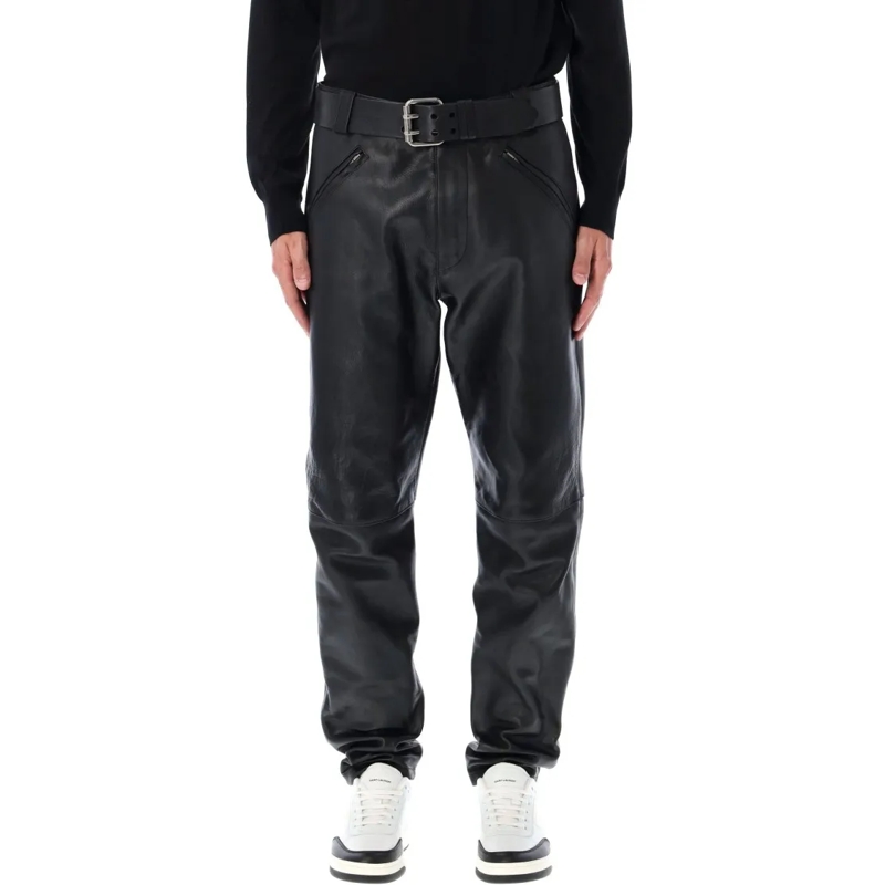 Saint Laurent Pantalon Saint Laurent Grained Leather Belted Pants Black