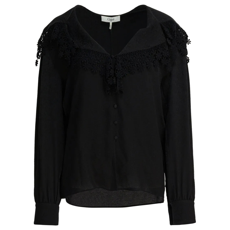 Chloé Blouse Lace Collar Blouse In Soft Cotton-Polyester Blend Black