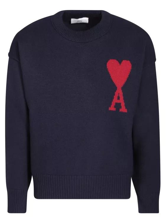 AMI Paris RoundNeck Pullover With Distinctive Monogram Patt Blue Pullover