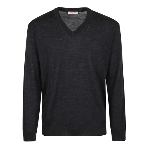 Valentino Pullover Light Pure Wool Sweater With V-Neck And Ribbed Ela Grey