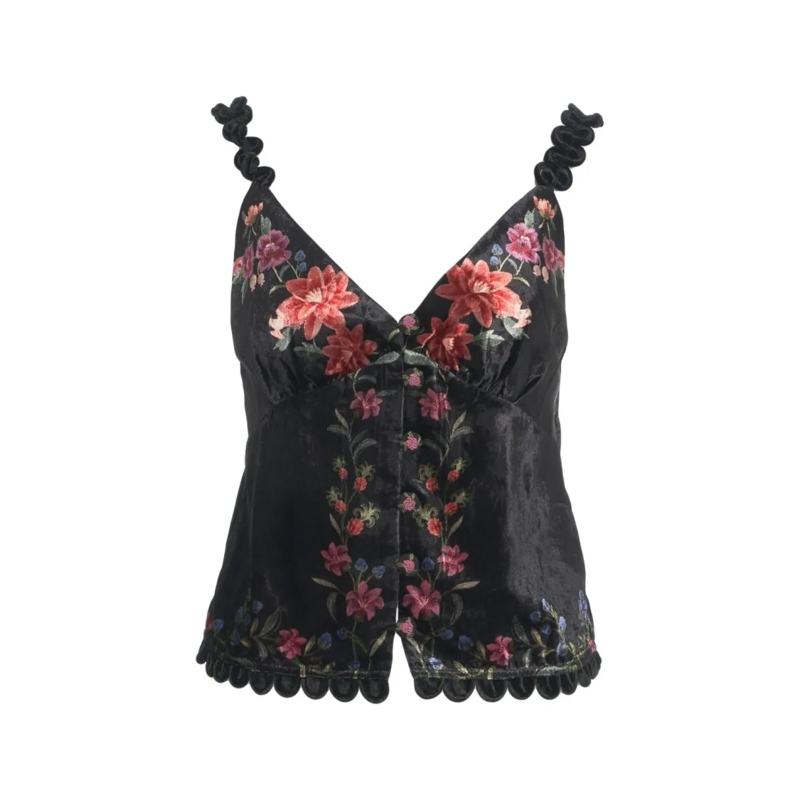 Farm Rio Chemisier Floral Velvet Top Black
