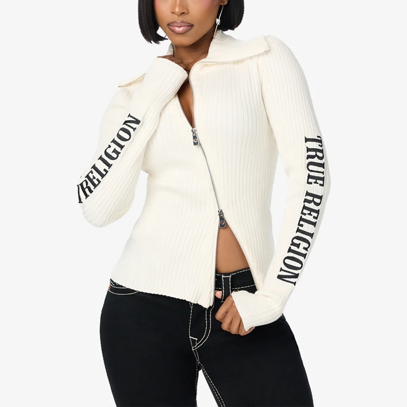True Religion Strickjacke Sweater ZIP- Langarm- Ripp-Optik- Enganliegend offwhite(Image 5)
