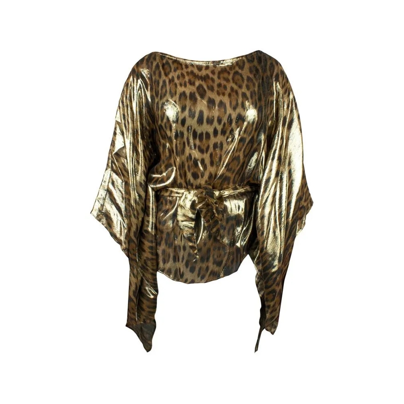 Roberto Cavalli Tuniek/Kaftan Gold Silk Kaftan With Leopard Print Brown