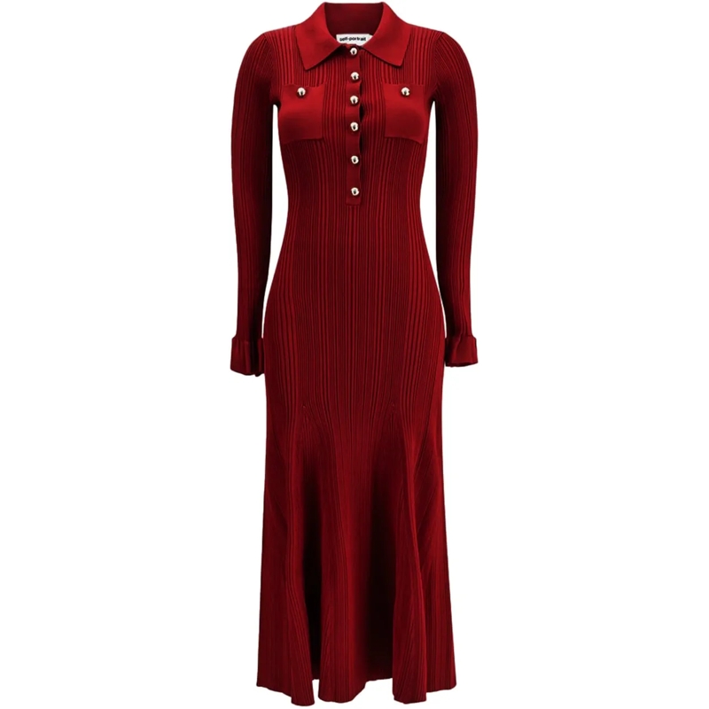 Self Portrait Robe midi Burgundy Ribbed Knit Midi Dress Red