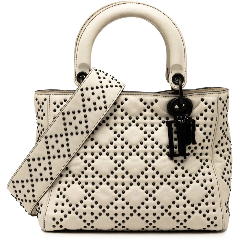 Christian Dior Schultertasche Medium Lambskin Cannage Studded Supple Lady Dior weiß