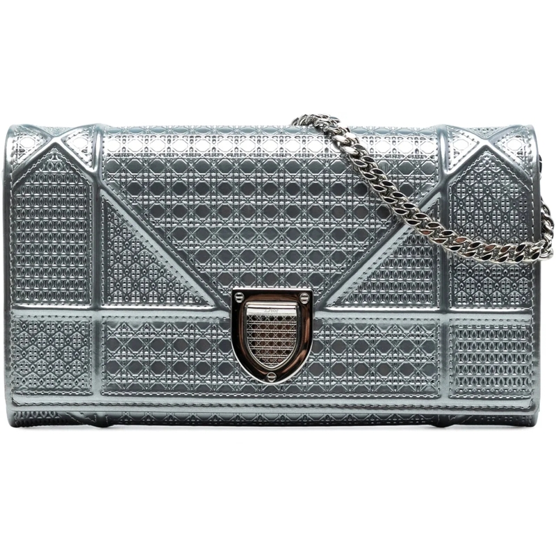 Christian Dior Schultertasche Metallic Patent Microcannage Diorama Wallet on Cha silber