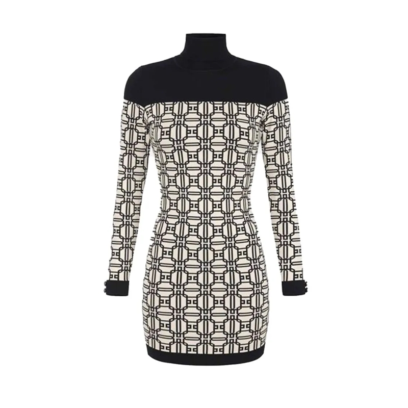 Elisabetta Franchi Mini-robe Form-Fitting White Dress With Geometric Pattern Black