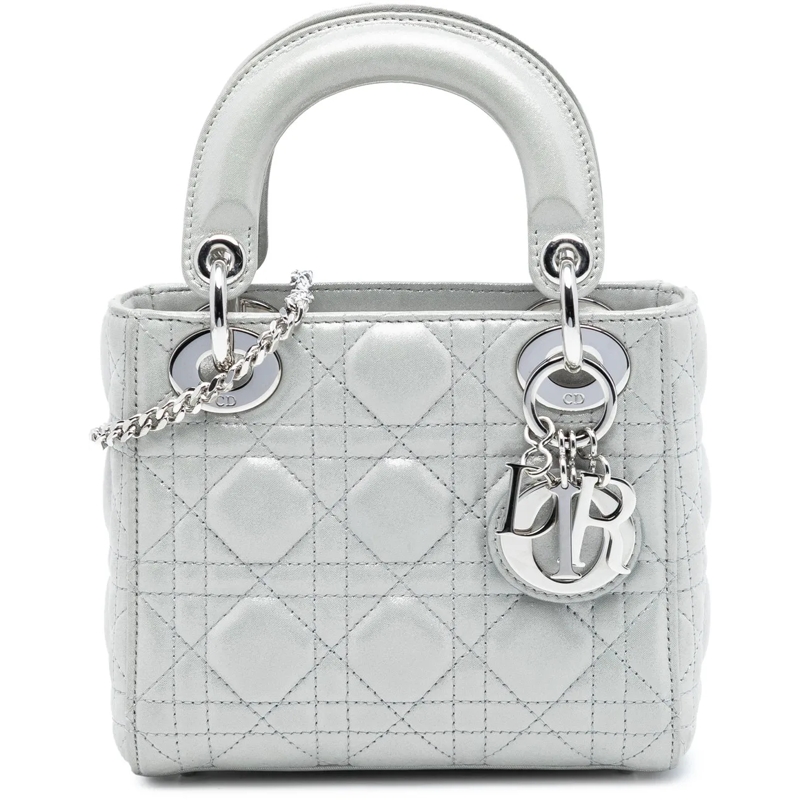 Christian Dior Schultertasche Mini Iridescent Lambskin Cannage Lady Dior silber