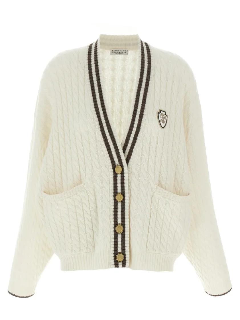 Thumbnail - Brunello Cucinelli - Braided Cashmere Cardigan With Logo Patch - Größe XS - weiß