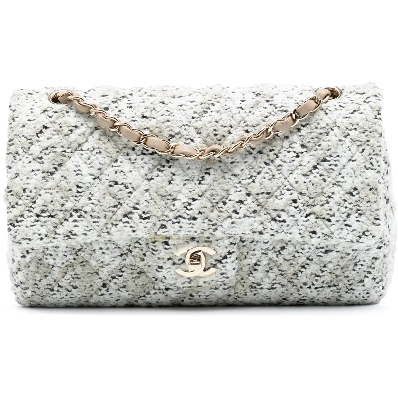 Chanel Schultertasche Medium Classic Tweed Double Flap weiß