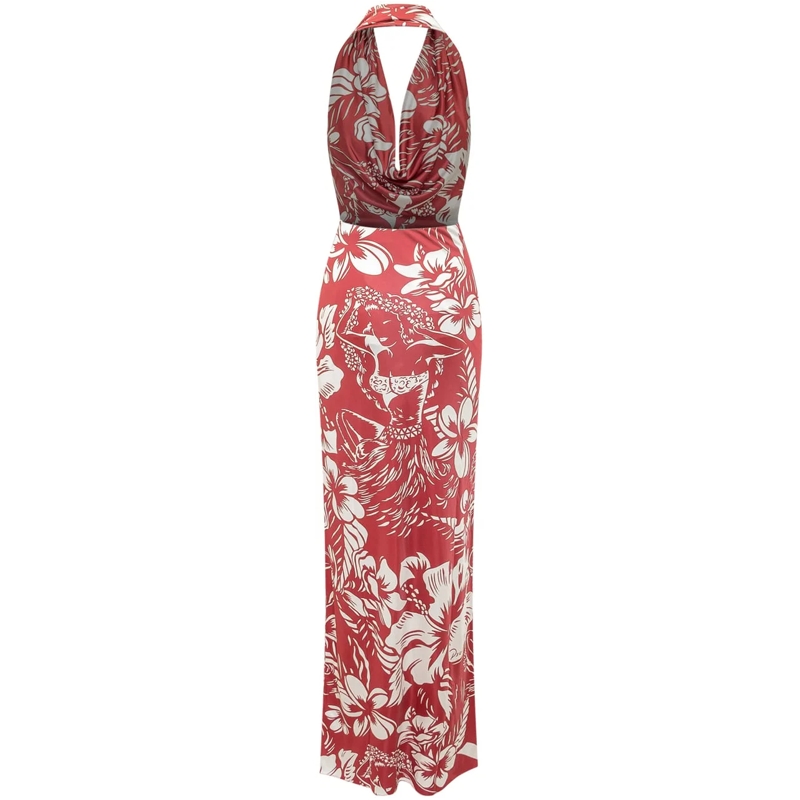 Dsquared2 Maxikleid Abito Lungo con Scollo All American e Stampa Flore rot(Image 2)