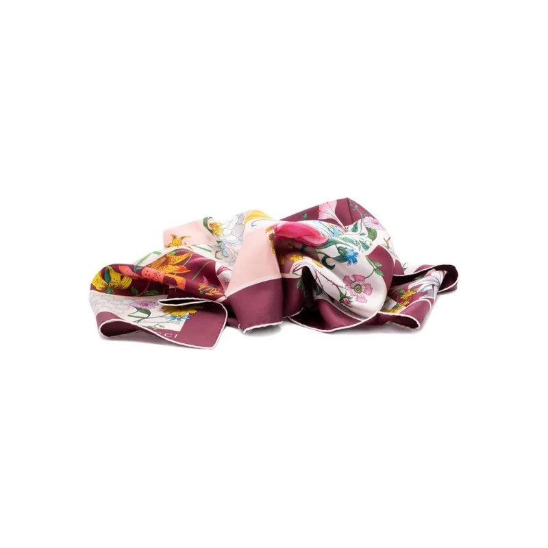 Gucci Lichtgewicht Sjaal Silk Scarf With Floral Pattern Burgundy