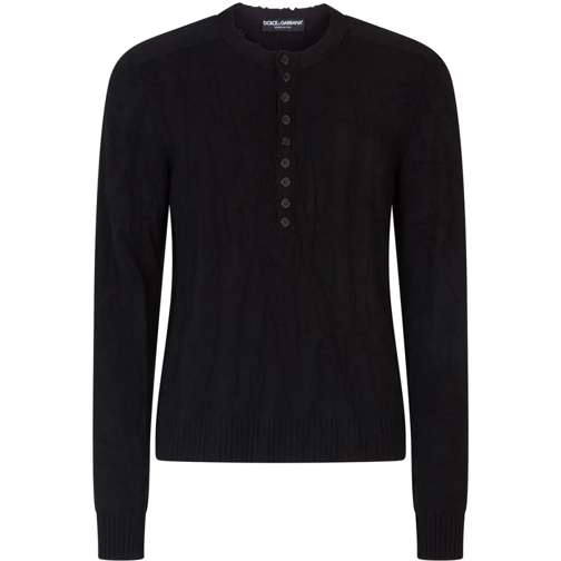 Dolce&Gabbana Pullover Black Wool-Blend Half-Button Cable-Knit Jumper Black