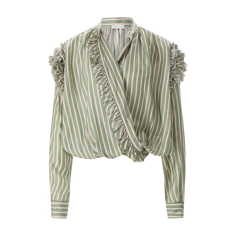 Dries Van Noten Bluse Wrap-Style Blouse With Ruffle Neckline Grey