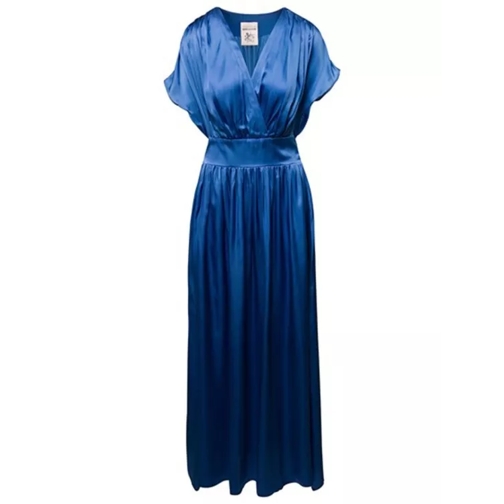 Semi Couture Blue Maxi Dress V-Neck Draped Design Satin Finish  Blue 