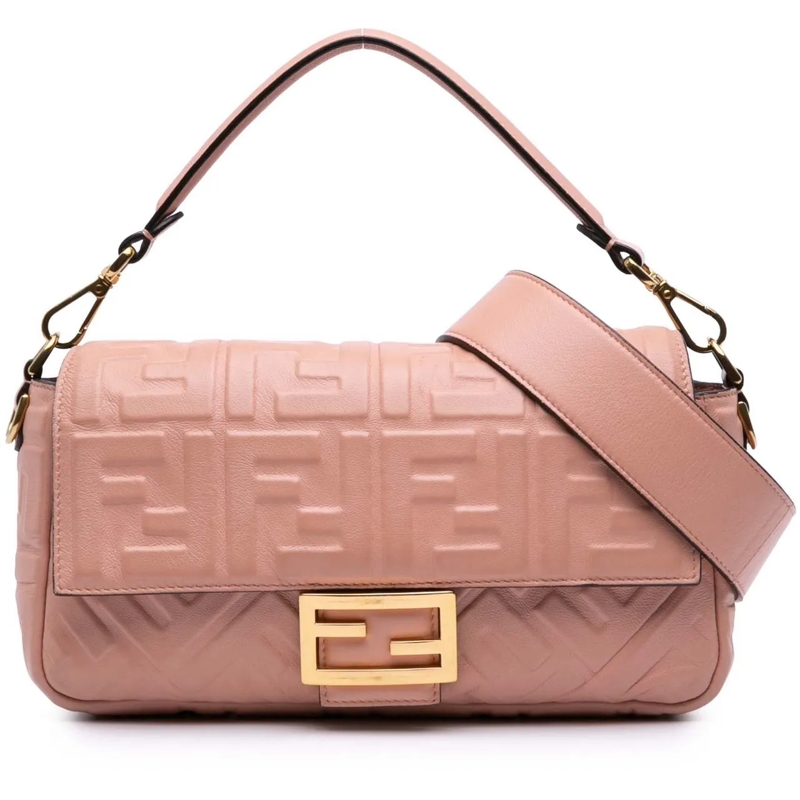 Fendi Schultertasche Medium Leather Embossed FF Baguette Satchel rose