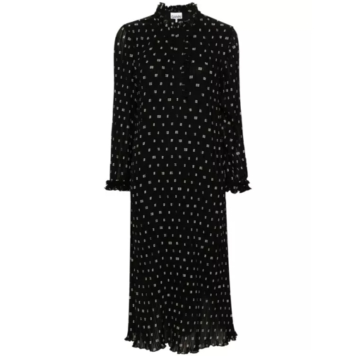 GANNI Monogram-Print Pleated Midi Dress Black 