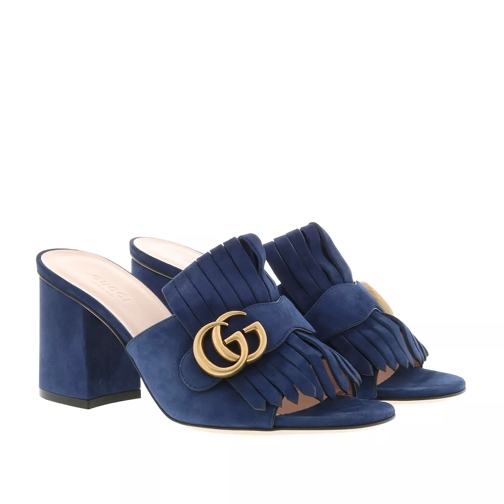Gucci Double G Mid-Heel Slides Suede Blue Ink Mule
