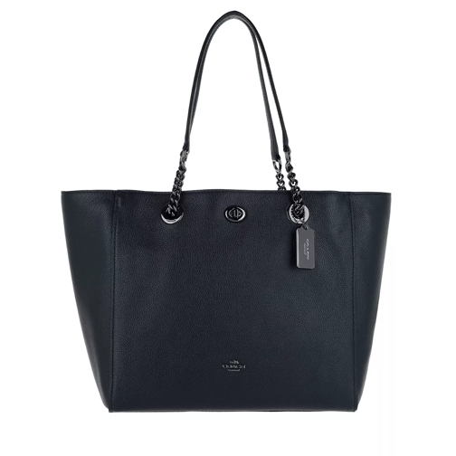 Coach Pebbled Leather Turnlock Chain Tote Navy Rymlig shoppingväska