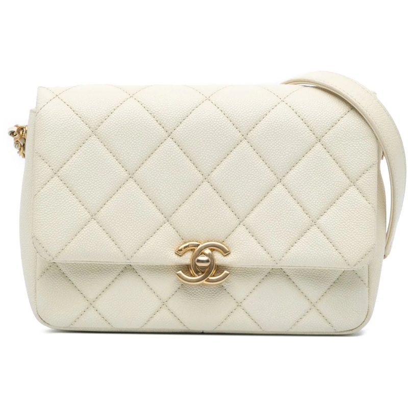 Chanel Schultertasche Small Quilted Caviar Chain Melody Flap weiß