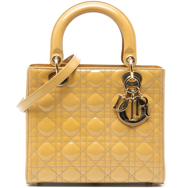 Christian Dior Schultertasche Medium Patent Cannage Lady Dior gelb