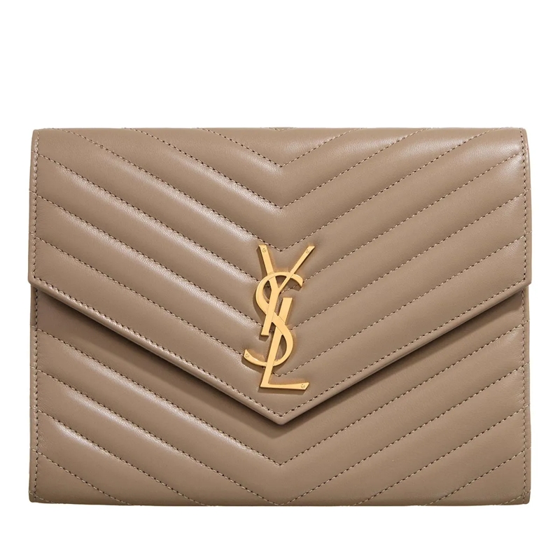 Saint Laurent Clutch Cassandre Logo Plaque Flap Pouch Beige