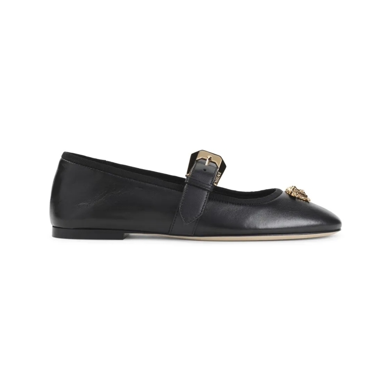 Versace Ballerines Pointed Toe Black Leather Flats With Gold Medusa A Black
