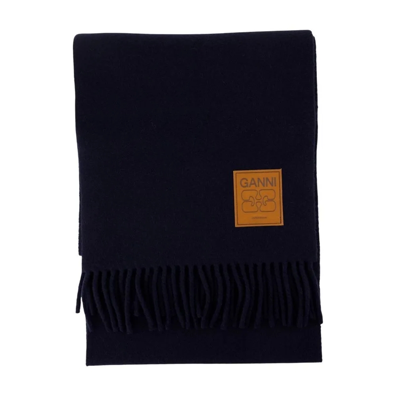 GANNI Écharpe légère Double-Faced Wool Scarf With Fringed Ends Black