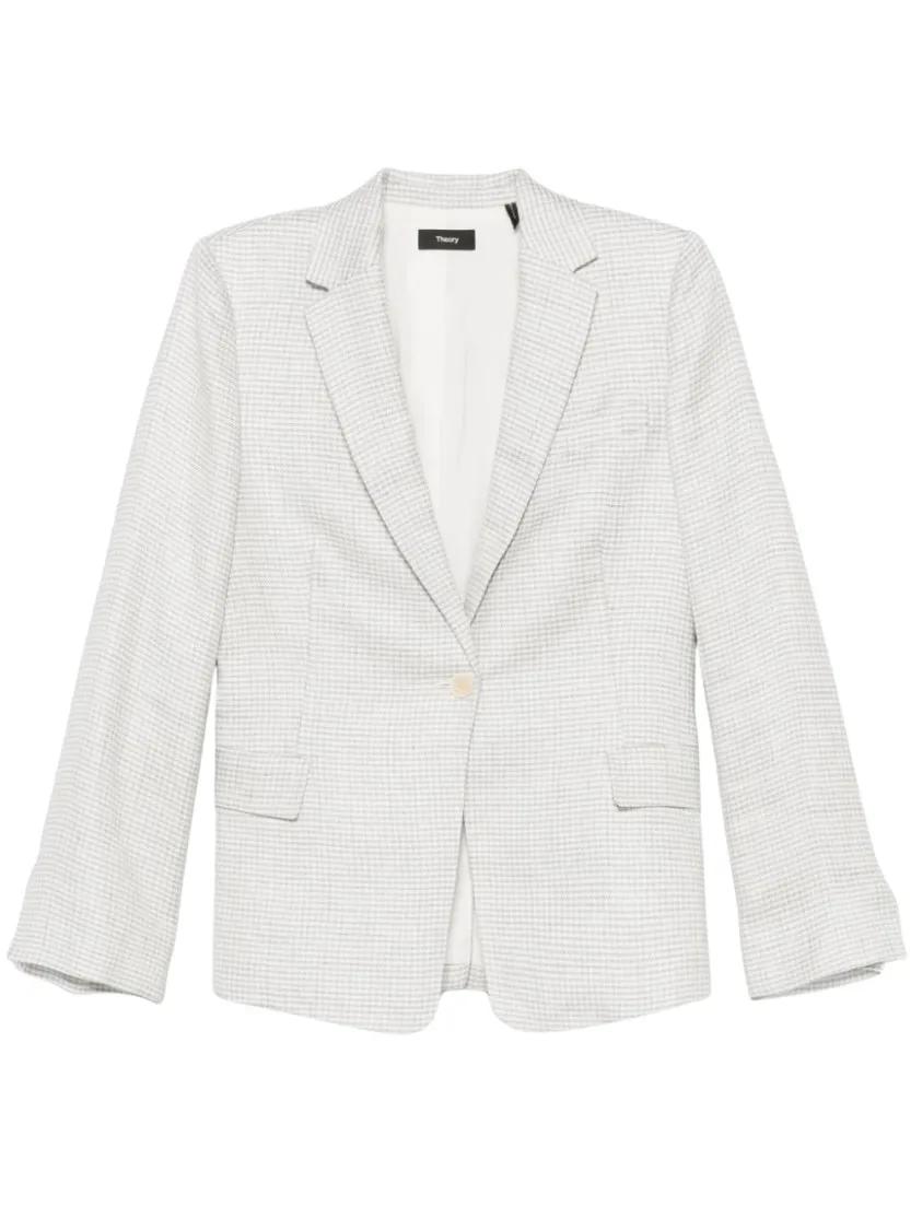 Thumbnail - Theory - Houndstooth Patterned Linen Blend Blazer - Größe 4 - weiß