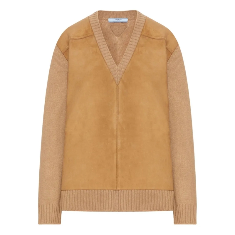 Prada Trui V-Neck Sweater With Suede Panels And Knit Accents Neutrals
