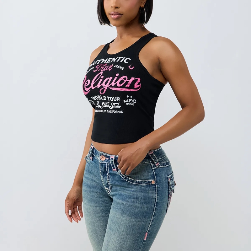 True Religion Top - Tanktop- Gerippt- Logo mit Ziersteine besetzt schwarz(Image 3)