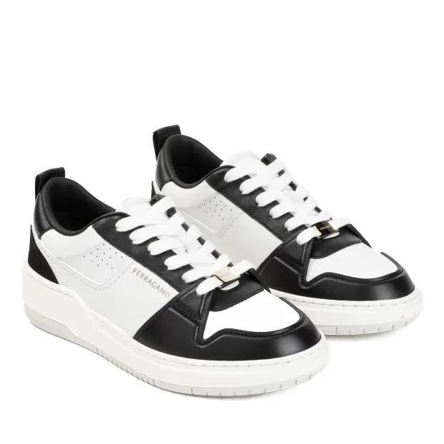 Salvatore Ferragamo Low-Top Sneaker - Black Calf Leather Dennis Sneakers - Gr. 6_5 - in Weiß - für Damen