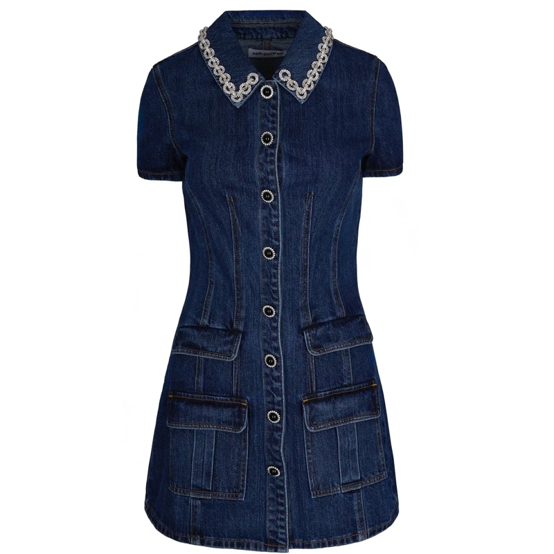 Self Portrait Robe midi Fitted Denim Dress With Flared Skirt Grey