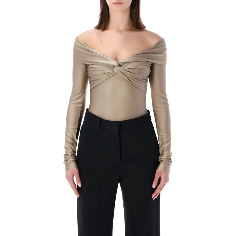 Andamane  Stretch Off-Shoulder Draped Bodysuit Neutrals