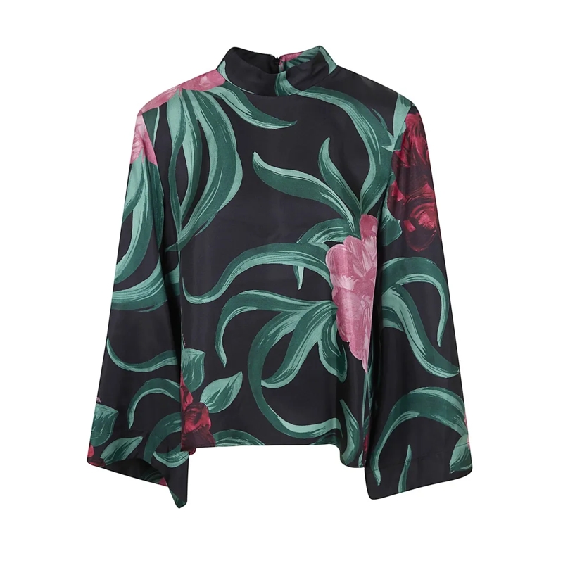 LaDoubleJ Chemisier Floral Print Silk Blouse With Boxy Silhouette And  Black