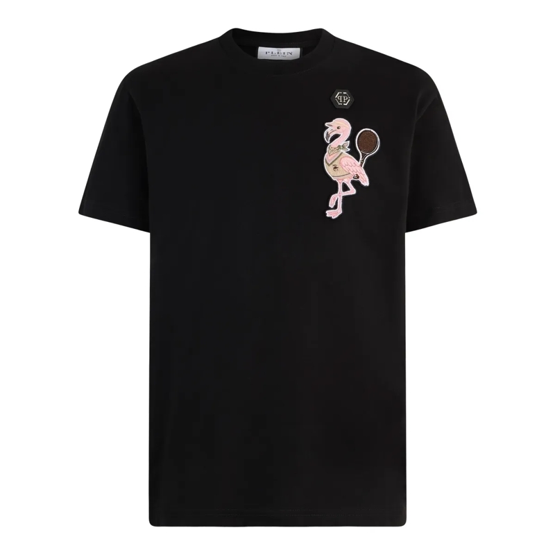 Philipp Plein T-Shirt Round Neck T-Shirt Tennis Flamingo Patch schwarz