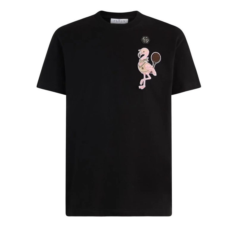 Philipp Plein T-Shirt Round Neck T-Shirt Tennis Flamingo Patch schwarz