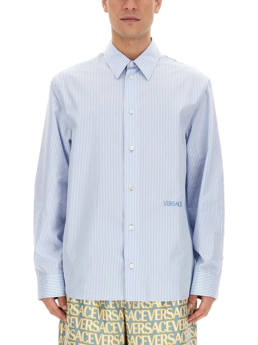 Thumbnail - Versace - Seashell Baroque Striped Shirt - Größe 50 - blau