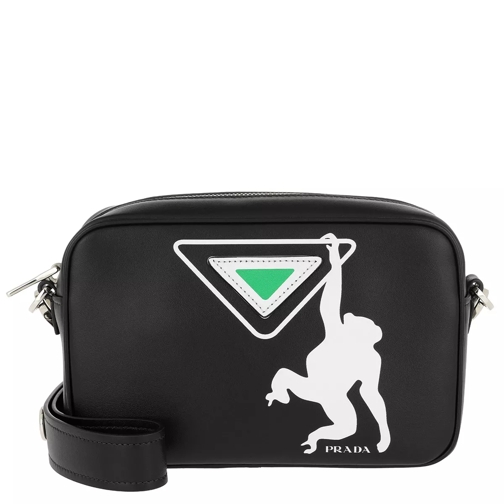 Prada Logo Print Shoulder Bag Leather Black/Green Crossbody Bag